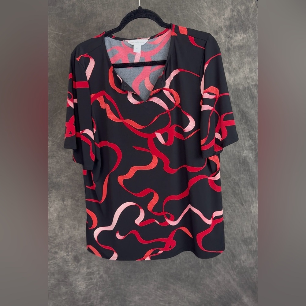 Liz Claiborne Abstract Ribbon Print Blouse | Black Red Pink | XL